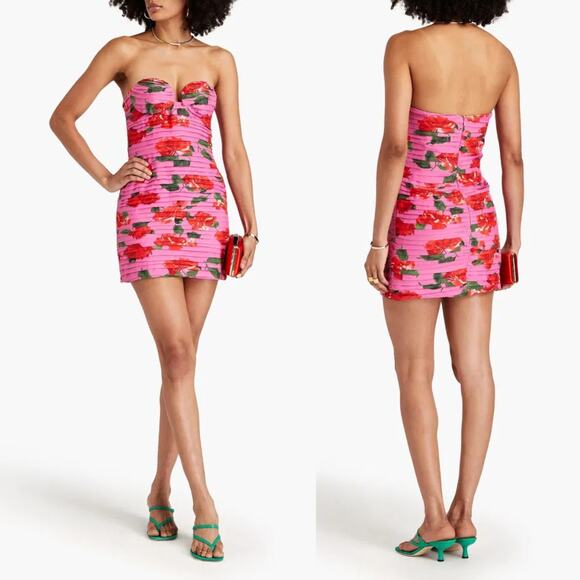 Magda Butrym Strapless Pleated Silk Mini Dress Pink‎ Floral Size FR 36 US 4 NWT - Picture 2 of 10